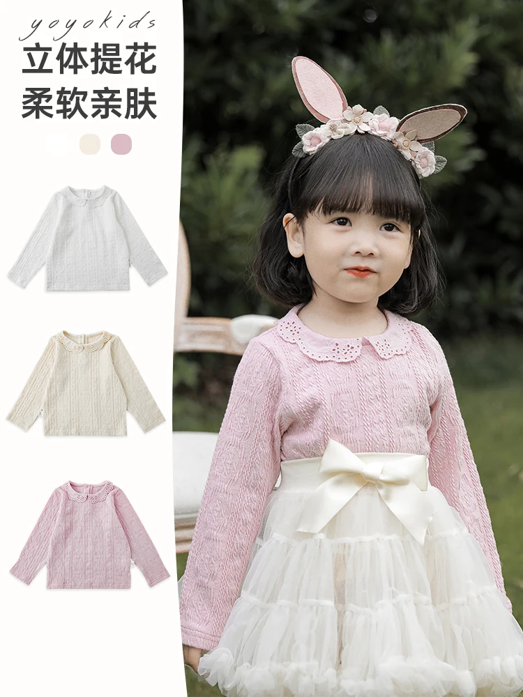 

Girls 2022 Autumn New Bottoming Shirt Cute Three-dimensional Jacquard Baby Lace Lapel Simple Top