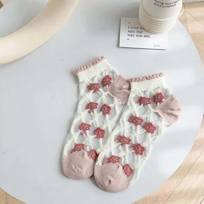 5PAIRS Crystal Socks Women's Spun Glass Summer Thin Pink Socks Cute Lace Transparent Khaki Ankle Socks