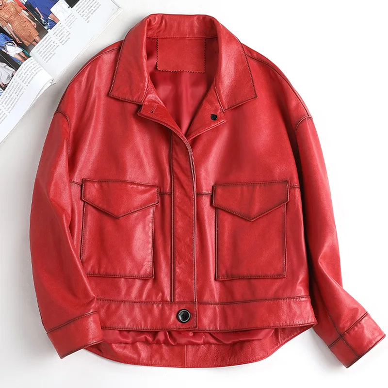 2023 New Spring Jackets Women Genuine Leather Coat Oversize Bomber Vegetable Tanned Leather Jackets Lady Sheepskin Biker CL4035