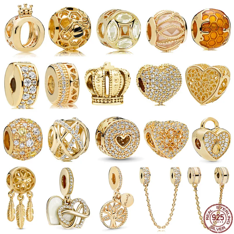 

Лидер продаж, классические бусины в форме сердца из серебра 925 пробы золотого цвета, подходят для оригинального браслета Pandora, украшения «сд...