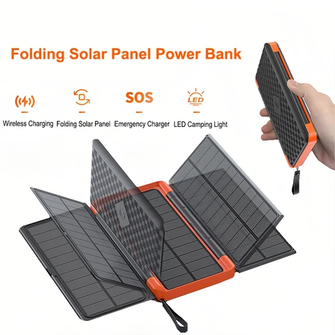 Складной аккумулятор на солнечной батарее емкостью 20000 мАч с 3 солнечной панелью, портативное уличное беспроводное зарядное устройство Qi Powerbank для телефона, путешествий, кемпинга