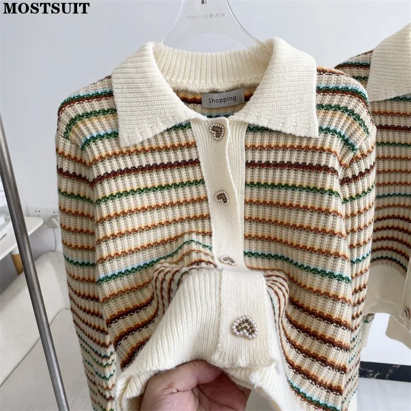 

Colorful Striped Knit Cardigan Coat Women Long Sleeve Single-breasted Sweater Tops 2022 Autumn Winter Fashion Korean Jumpers