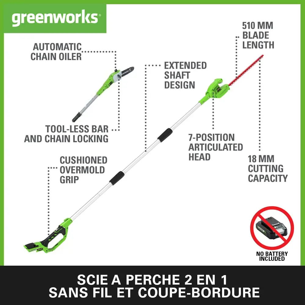 Фото Greenworks G24PSH 2-в-1 триммер для шеста и живой изгороди с батарейным питанием и плечевым ремнем, направляющая для бензопилы 20 см, триммер для живой изгороди 51 см, №2