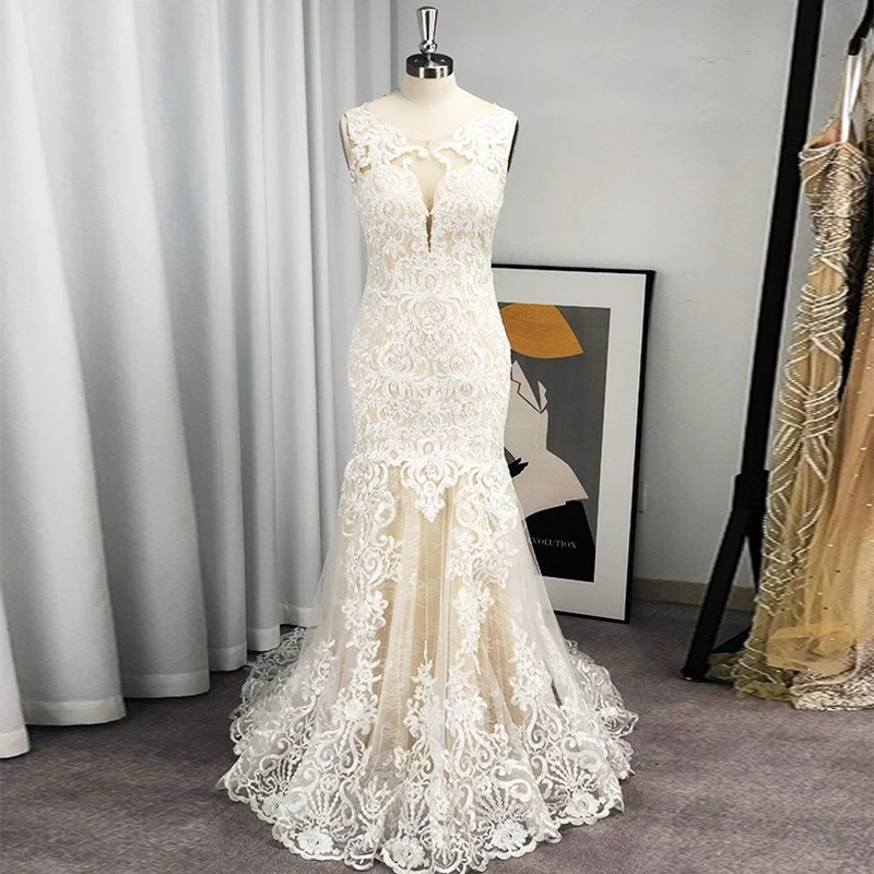 

Gorgeous Mermaid Wedding Dresses Sexy Women's Sleeveless 2023 Beige Ivory Lace Applique Wedding Party Bridal Greeting Gowns Gala