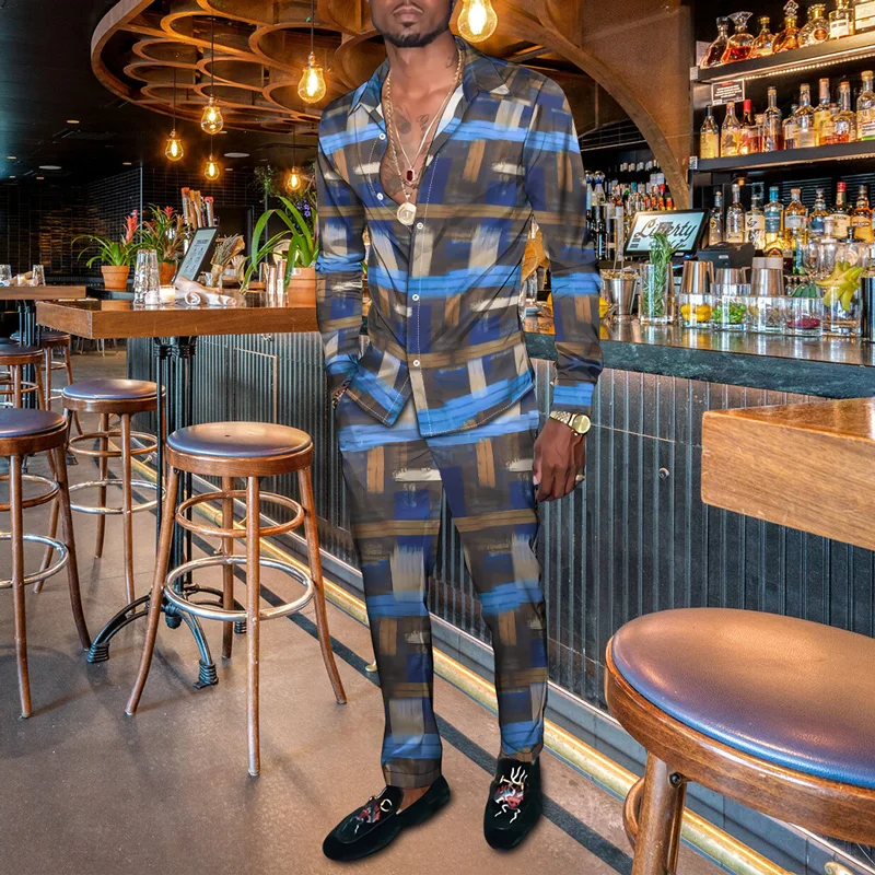 Color Matching Gentleman Shirt Trousers Checkered New  Fashion Spring Men Suit Jacket Cardigan Pants Set Oversized Man's Outfit