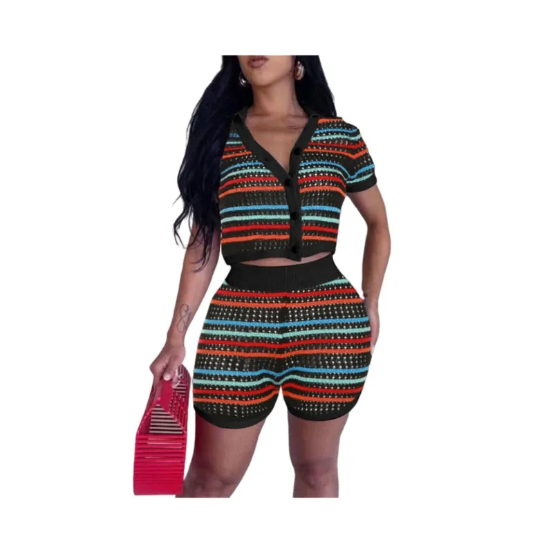 

Women's Two Piece Set 2023 Summer Fashion Street Hipster Sexy Button Cardigan Striped Cutout Top Slim Shorts Casual Shorts Set