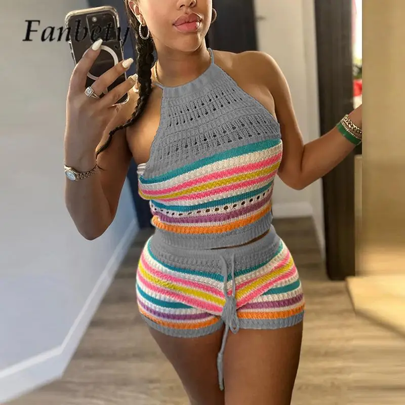

Комплект женский из топа и шортов, пикантный Радужный вязаный пляжный комплект из двух предметов, кроп-топ без рукавов и шорты с высокой талией, летний комплект