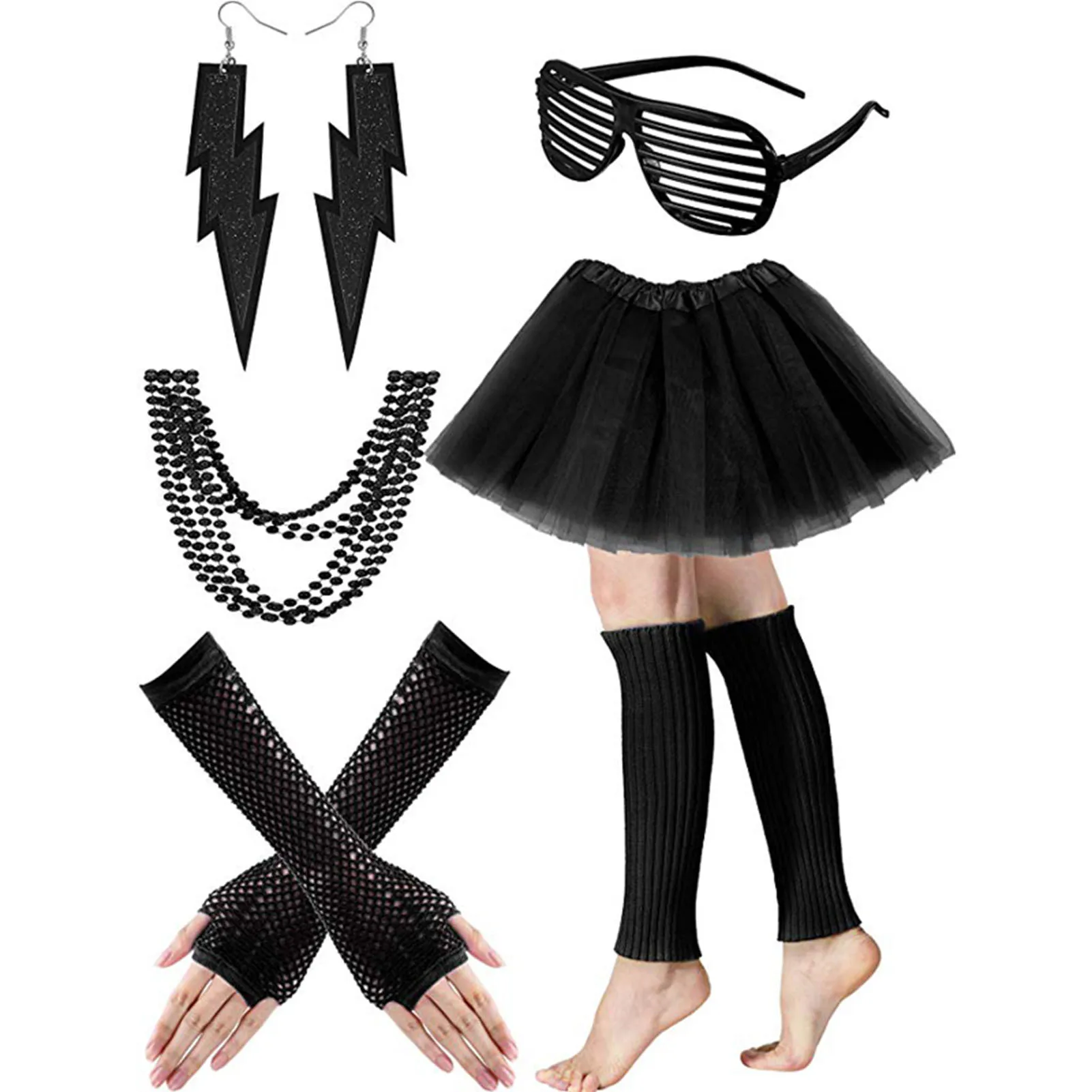 

80s Fancy Dress For Women 1980s Fancy Party Costume 80s Accessories Set With Neon Necklace Blinds Glasses Earrings Fishnet