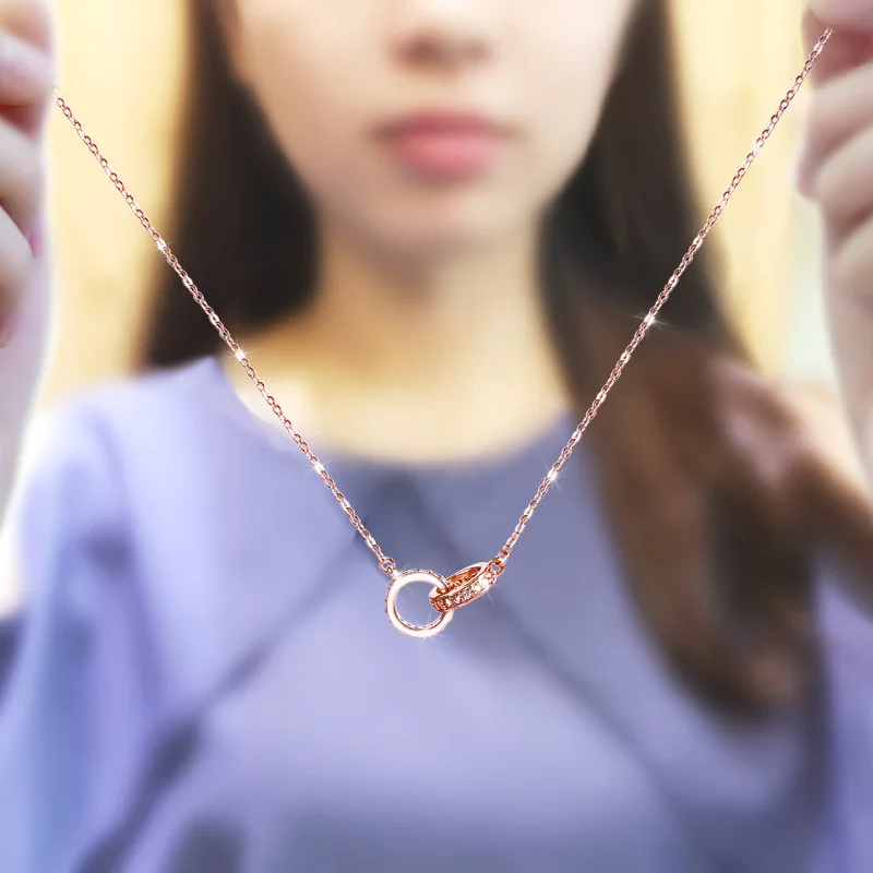 

999 Sterling Silver Necklace Double Ring Rose Gold Silver Pendant Small Design Sense Accessories Simple Light Luxury