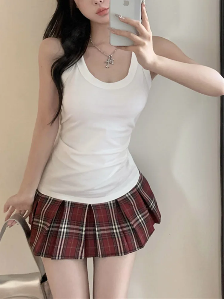 

Женский комплект из юбки и жилета, трапециевидная Студенческая клетчатая плиссированная юбка для женщин, летняя одежда 2023, мини-юбки для девочек, кавайная