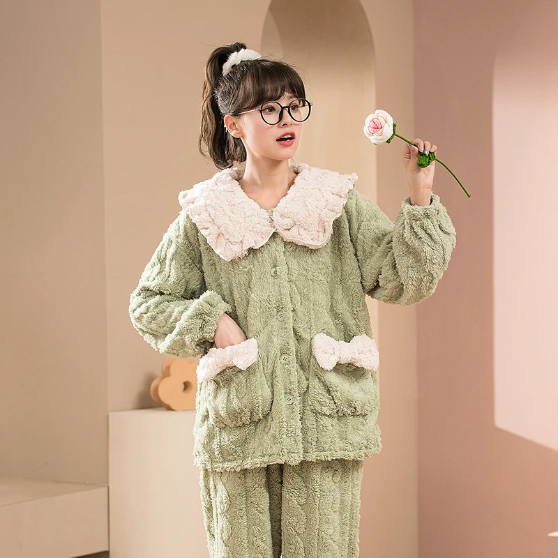 Women Warm Thick Pajamas Winter Girls Cute Solid Color Sleepwear Sets Flannel Home Clothes