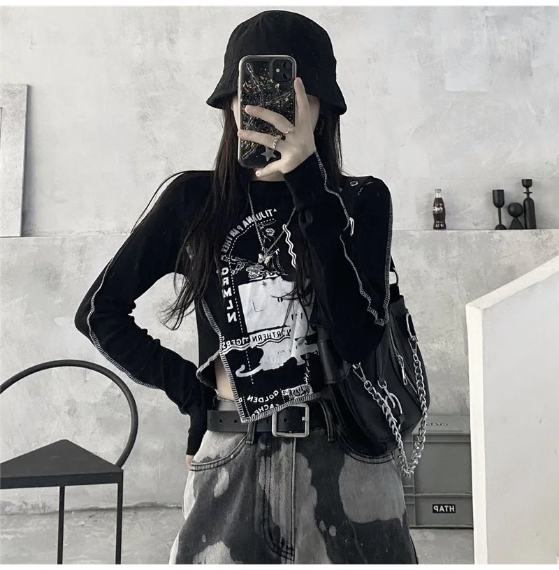 

Женский облегающий пуловер Goth, Готическая блузка с длинным рукавом и круглым вырезом, с принтом в стиле пэчворк на весну