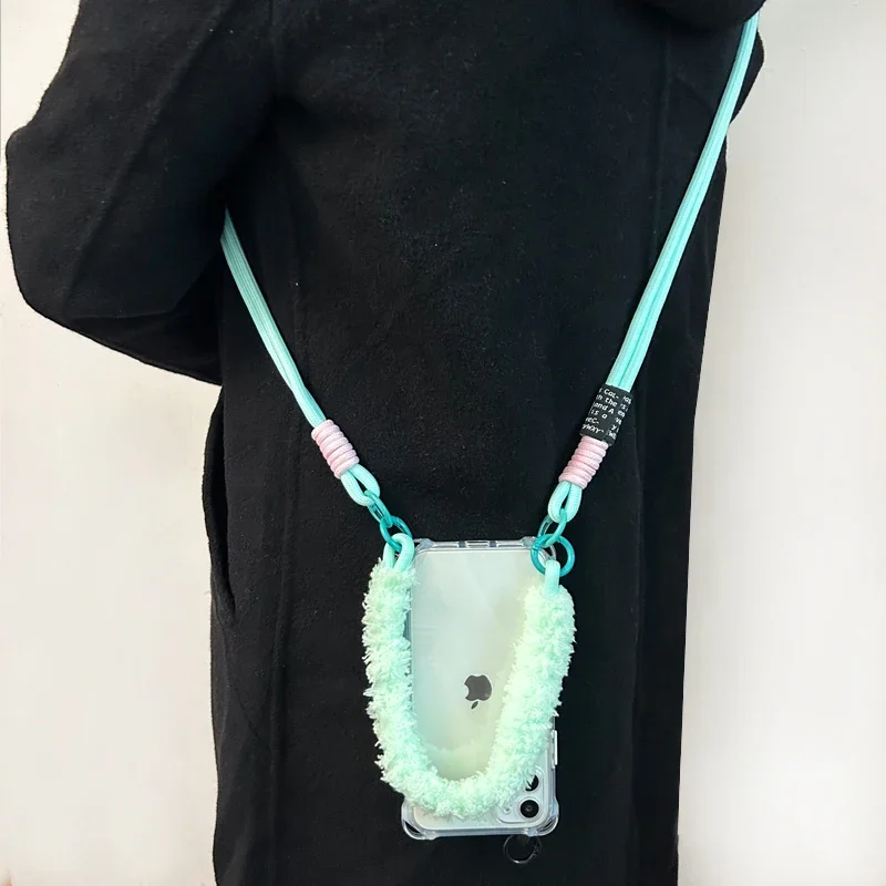 Crossbody Necklace Cord Plush Lanyard Phone Case For iPhone 16 15 14 13 12 11 Pro Max Plus Soft Cover