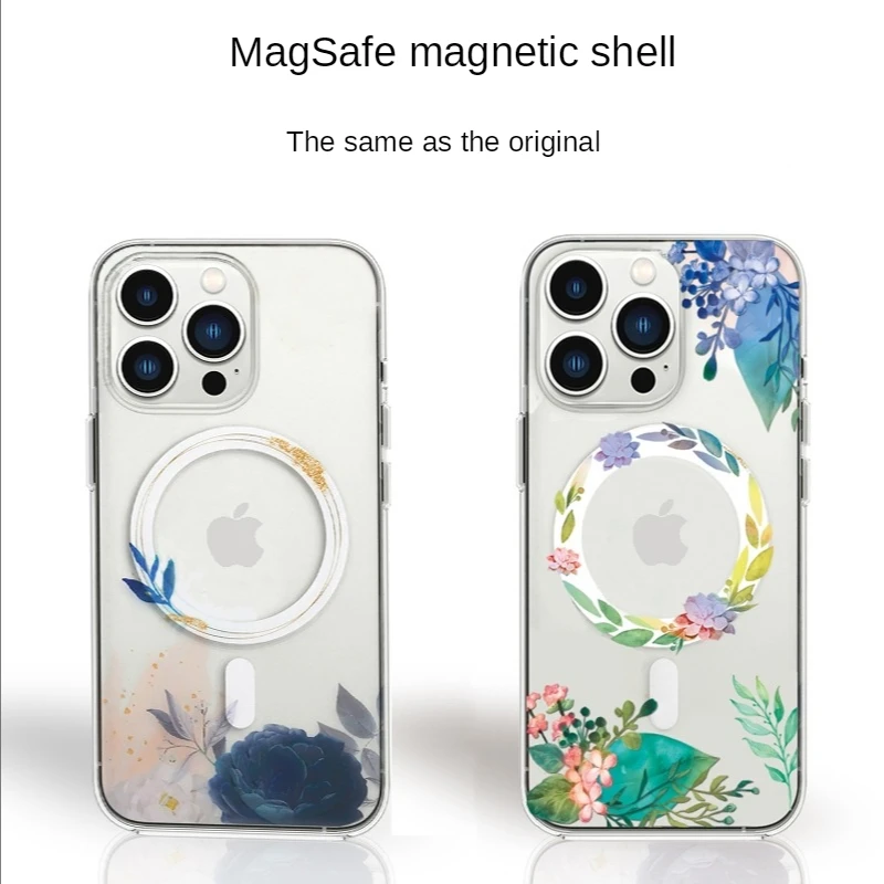 MagSafe Magnetic Flower Design Phone Case for Iphone 13 12 11 7 8 Pro Max Mini Plus X XS XR XSMAX Transparent Wireless Charging