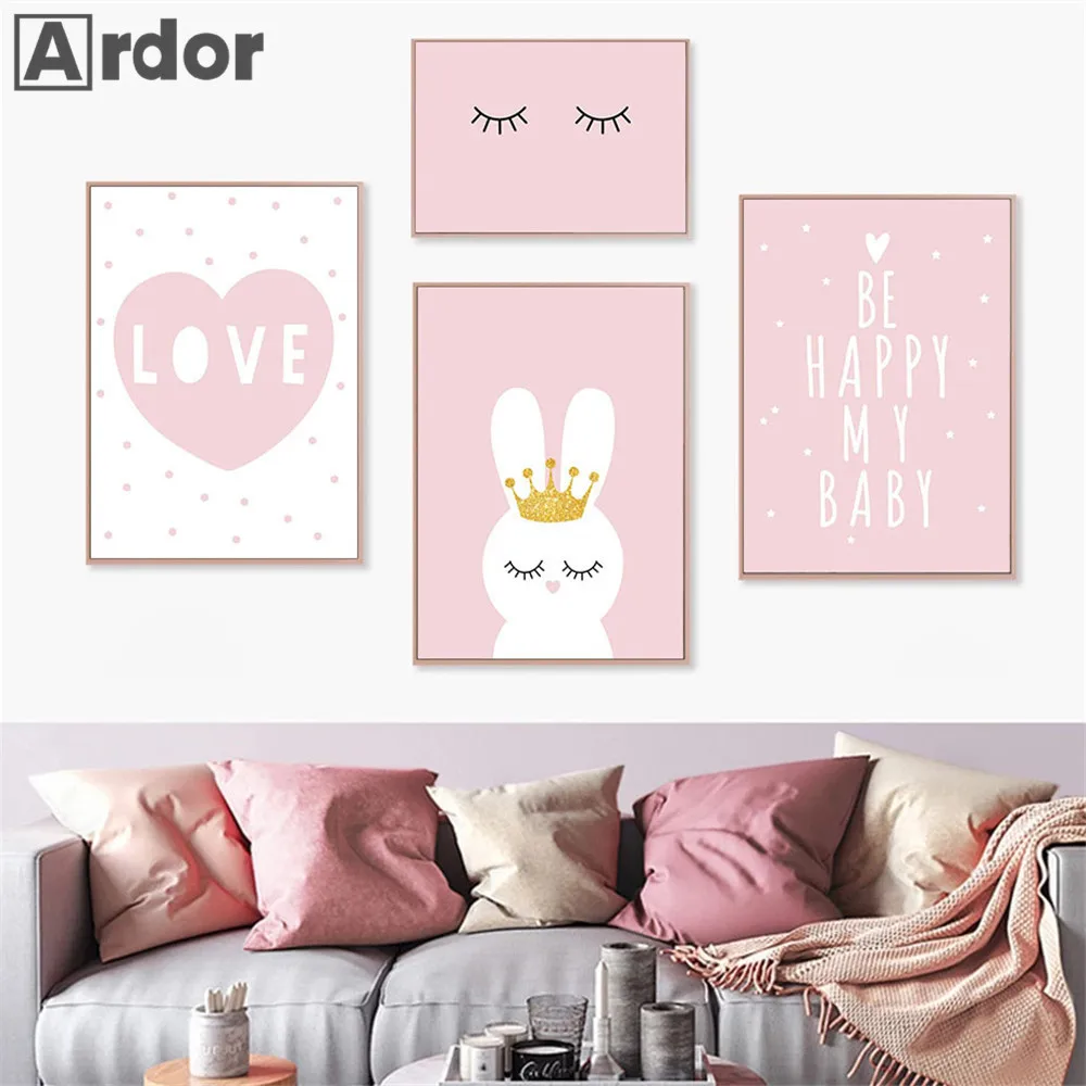 

Pink Heart Love Wall Posters Nursery Canvas Print Gold Crown Rabbit Painting Eyelash Poster Nordic Wall Pictures Kids Room Decor