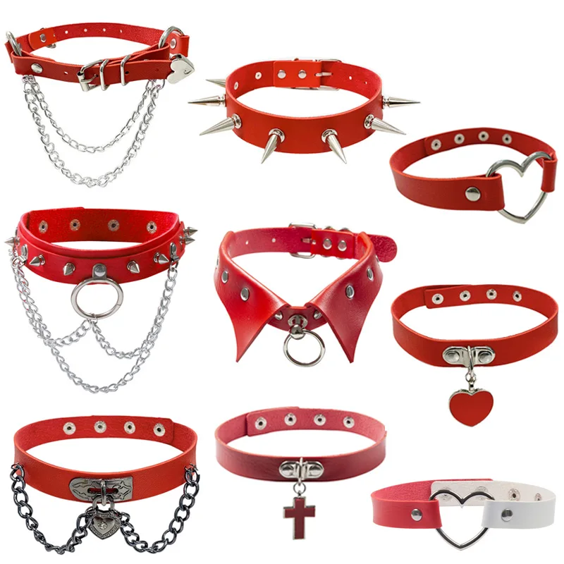 

Sexy Women Red PU Leather Cross Heart Metal Link Chain Punk Collar Choker Necklace Jewelry Accessories Drop Shipping