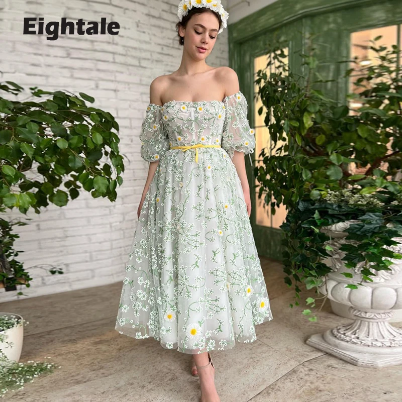

Eightale Embroidered Prom Dresses with Half Sleeves Lace Off the Shoulder Midi Evening Gown for Wedding Party robe de soirée