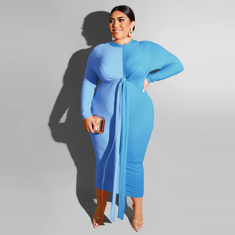 Plus Size Women's Dress Autumn/Winter 2022 New Clean Color Contrast Tight Wrap Hip Sexy Strap Long Dress Temperament Commuter