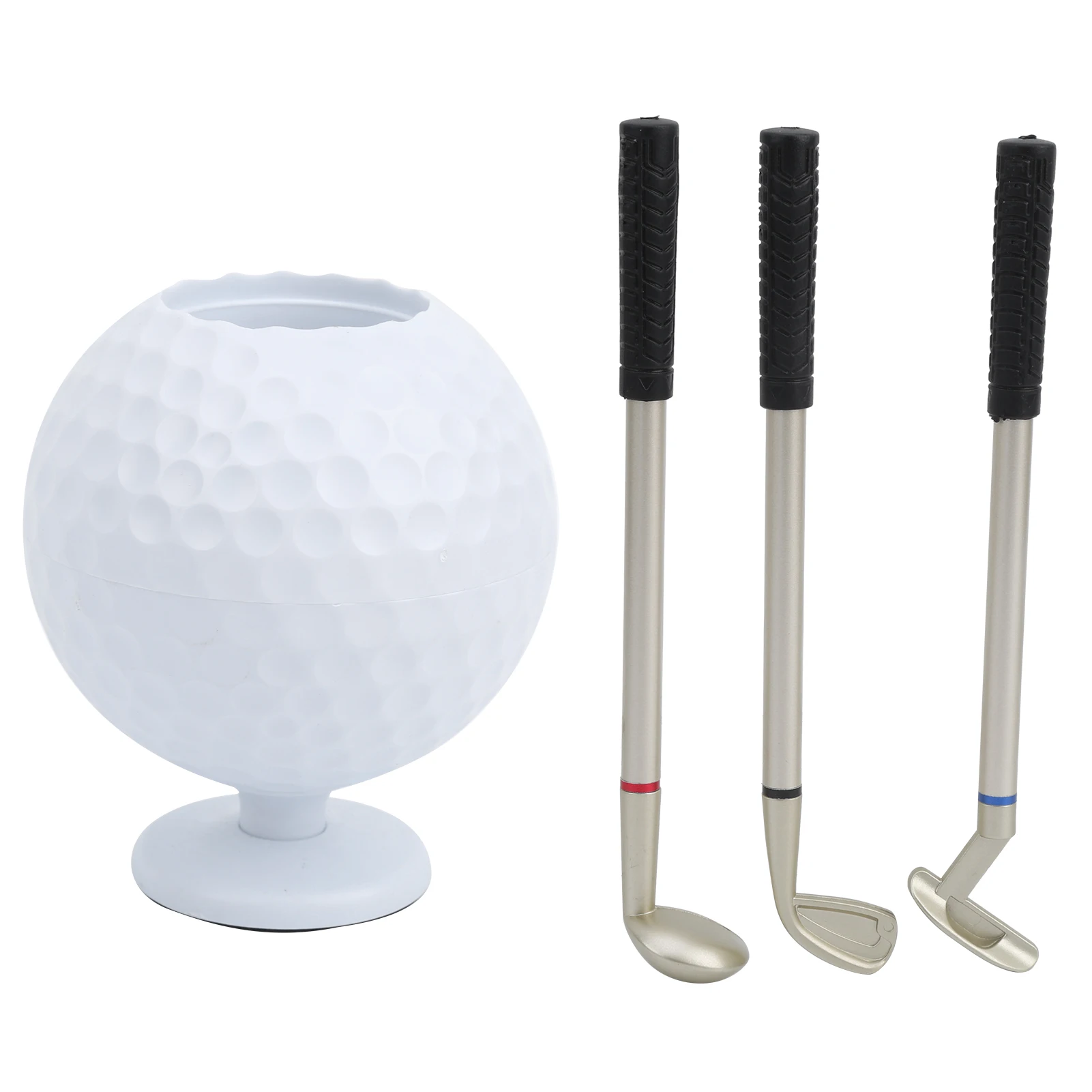 

Mini Desktop Golf Ball Pen Holder with 3 Golf Cue Pens Plastic Golfer Souvenir Set Gift