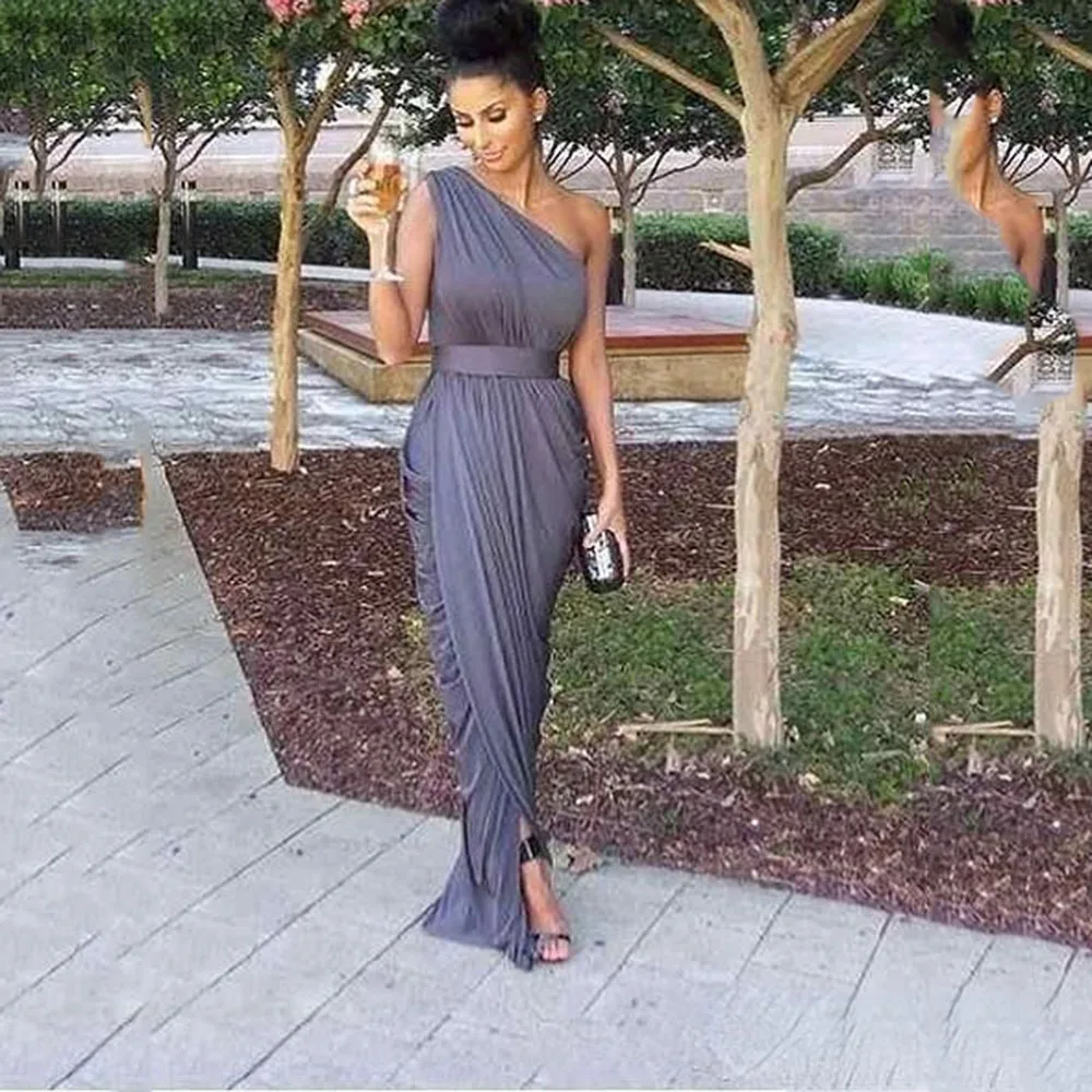 

2022 One-shoulder Long Country Bridesmaid Dresses Cheap Daped Split Maid of Honor Wedding Guest Party Prom Dresses