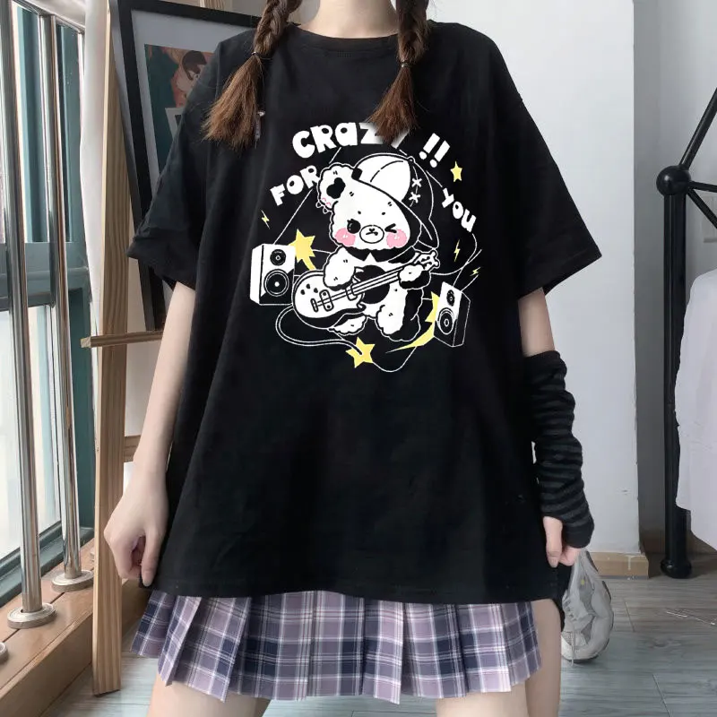 

New Summer Women T-shirts Black Rock Bar Bear Print T-shirt Punk Style Streetwear Tops Harajuku Lolita Student T-shirt Female