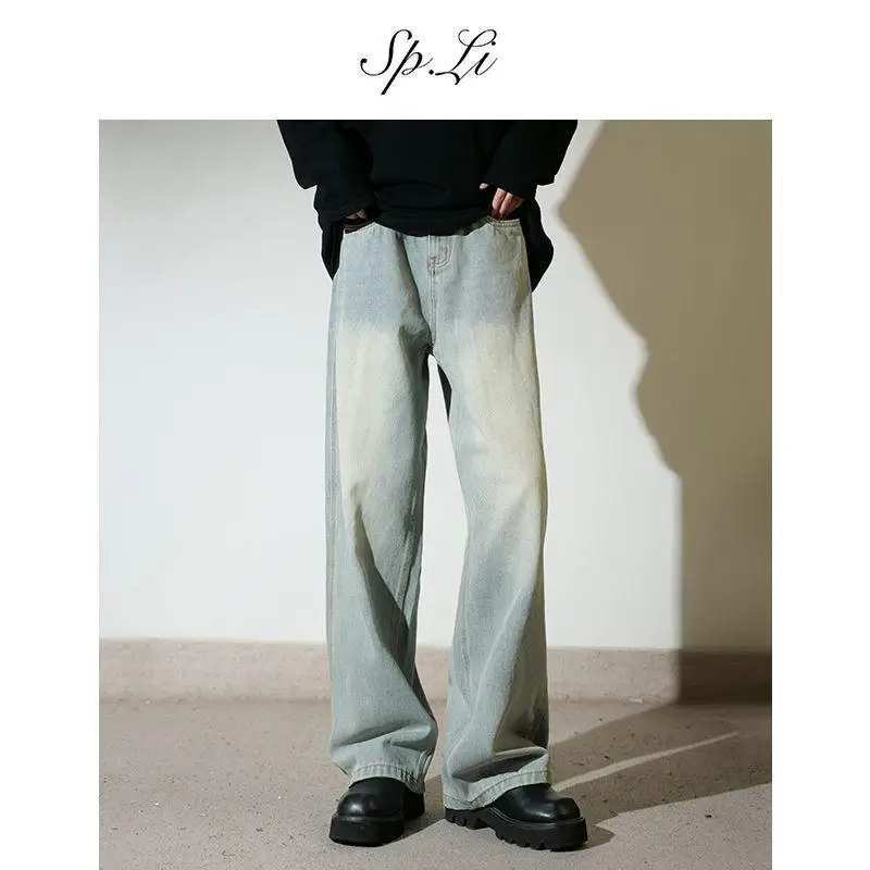 Spli [Три иглы Кошачья лапа Destroy Blue Cow] Мужские осенние свободные прямые широкие