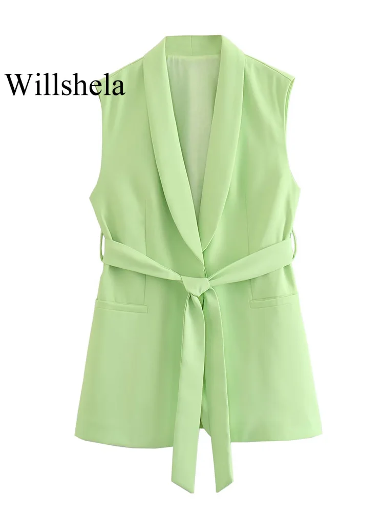 

Willshela Women Fashion With Belt Light Green Single Button Sleeveless Jacket Vintage V-Neck Vest Female Office Lady Waistcoats