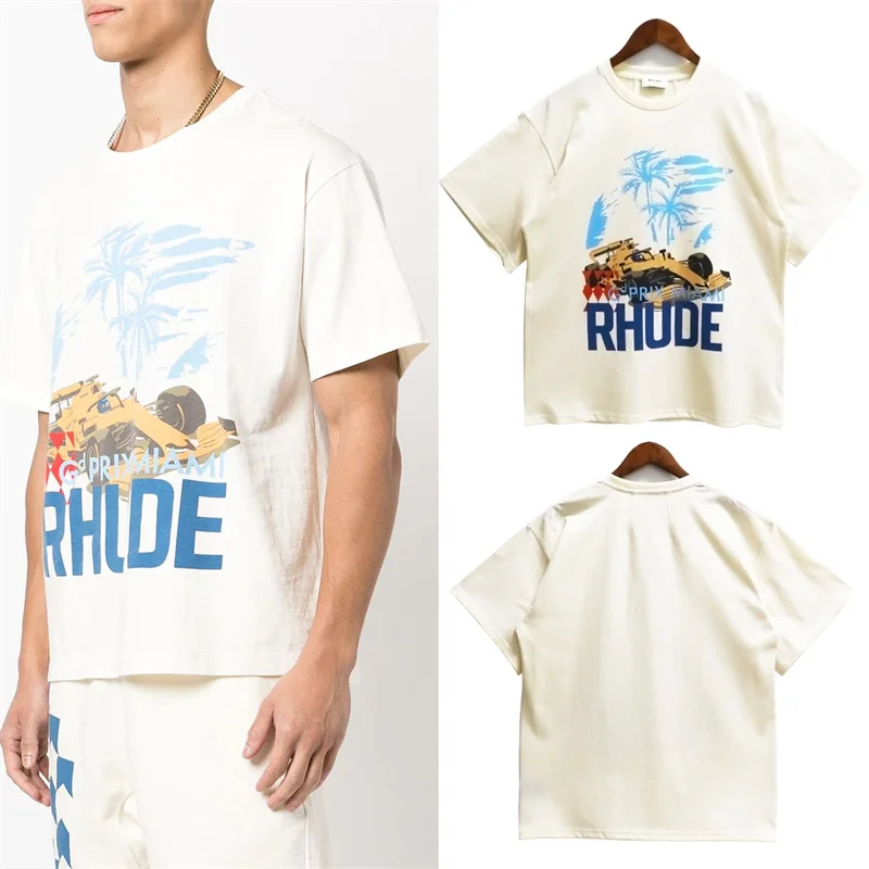 

RHUDE Couple Short Sleeve T-shirt 23SS Spring Summer New Half Sleeve Men American Fashion Oversize Coconut Racing Letter Print