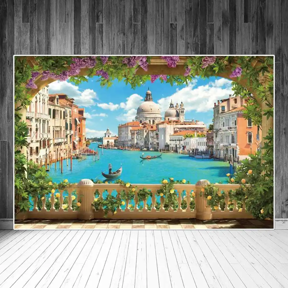 

Venice Italy River Buildings Scenic Photography Backgrounds Flowers Vines Observation Deck Decoration Holiday Photo Backdrops