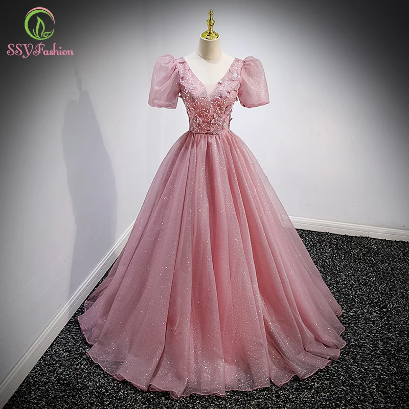 

Женское вечернее платье SSYFashion, длинное розовое платье-трапеция с V-образным вырезом и пышными рукавами, бальное платье для вечеринок