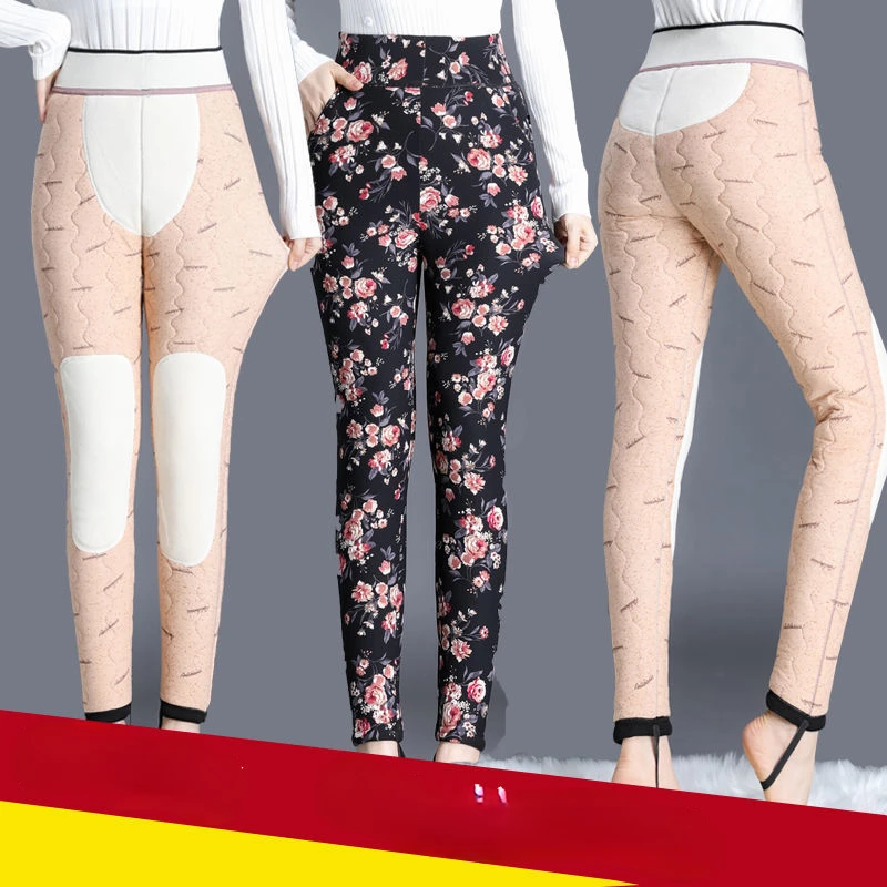 

Middle-aged and Elderly Women's Autumn Winter Thick Warm External Wear Leggings Pants Female Long Floral Straight Trousers A96