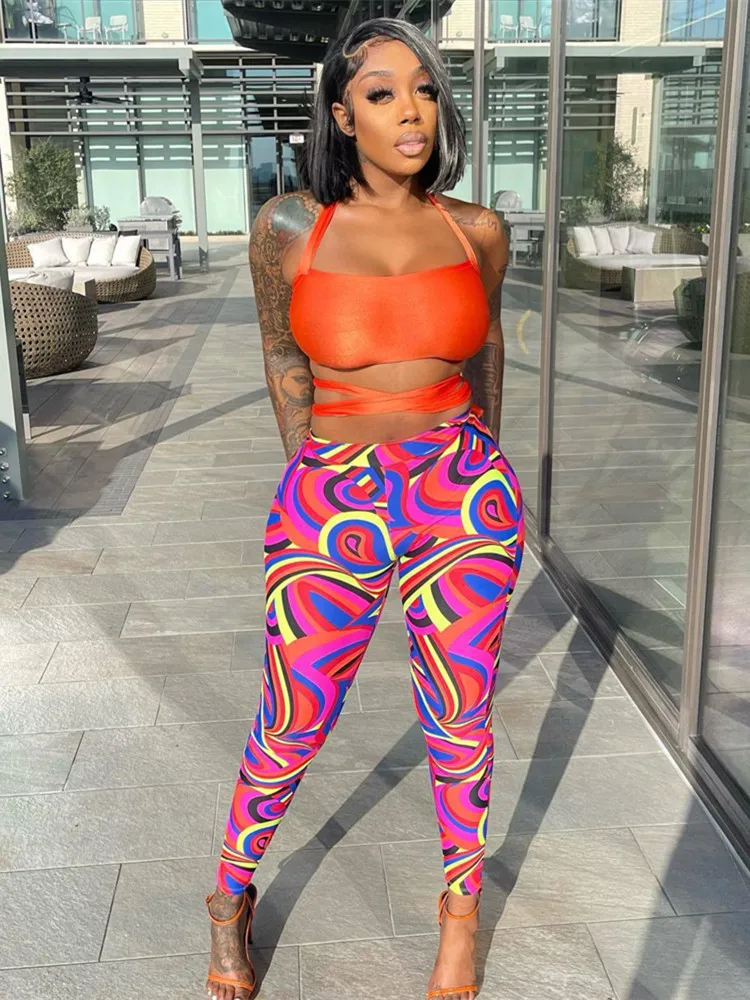 

WLWXR Sexy 2 Two Piece Sets Women Outfits 2022 Sleeveless Bandage Cami Crop Tops Skinny Pants Suits Print Mesh Matching Sets