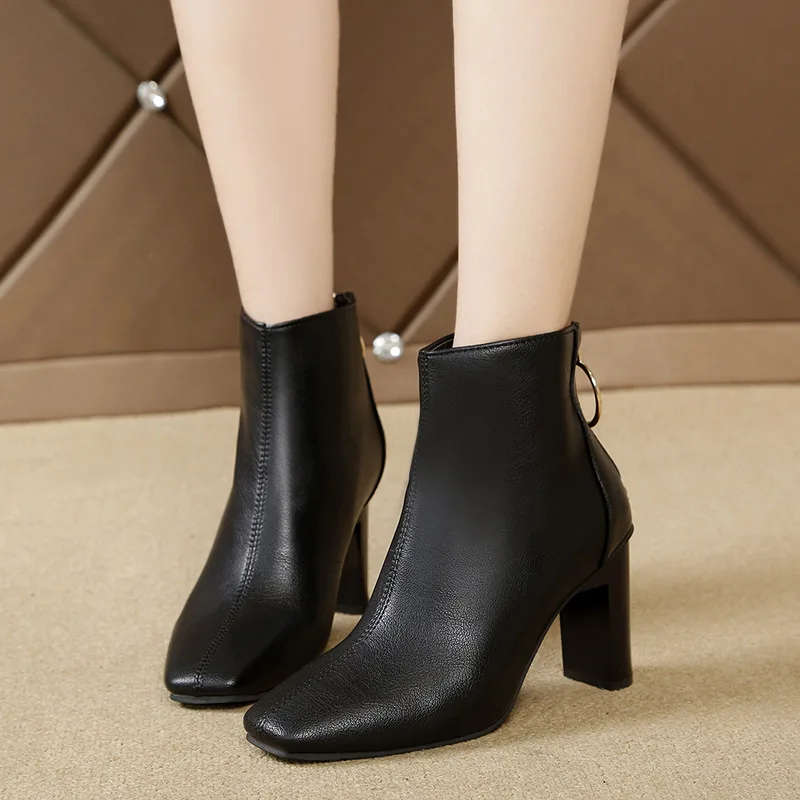 New Leather Boots for Women Square Toe High Heel Ankle Boots Zipper Short Boots Thick Heel Boots Women's Shoes