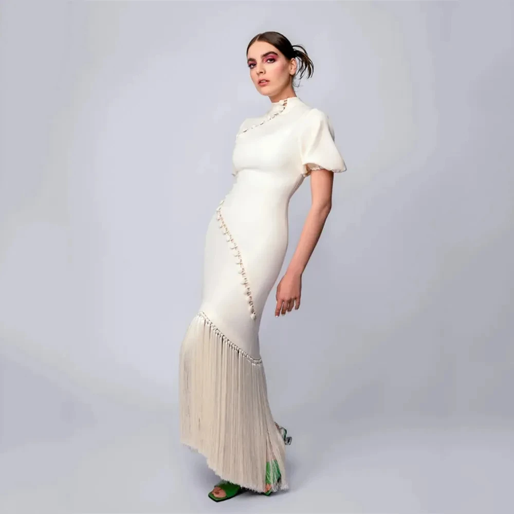 

Elegant Women's Off White Satin High Neck Short Sleeve Button Ball Dress Special Event Party Celebration Formal Occasion
