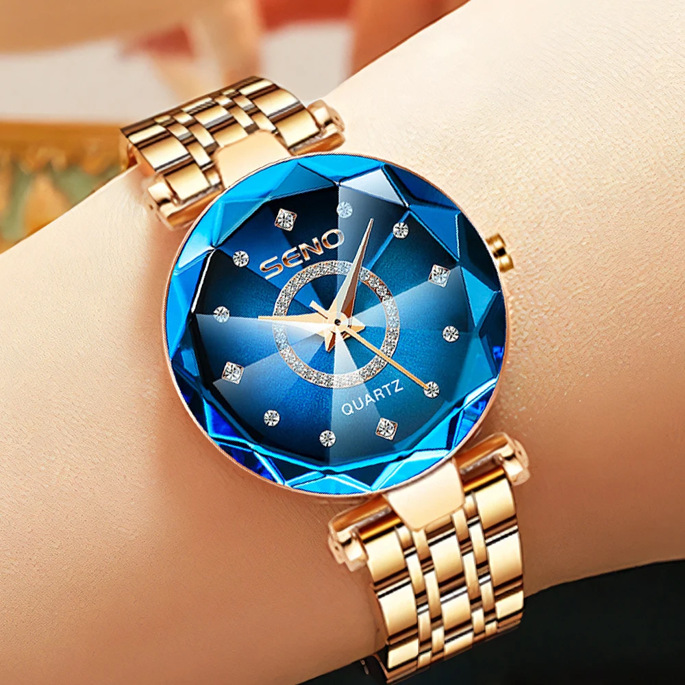 Elegant Crystal Watches for Women Luxury Brand Quartz Waterproof Leather Strap Blue Diamond Ladies Wrist Watches Reloj Mujer