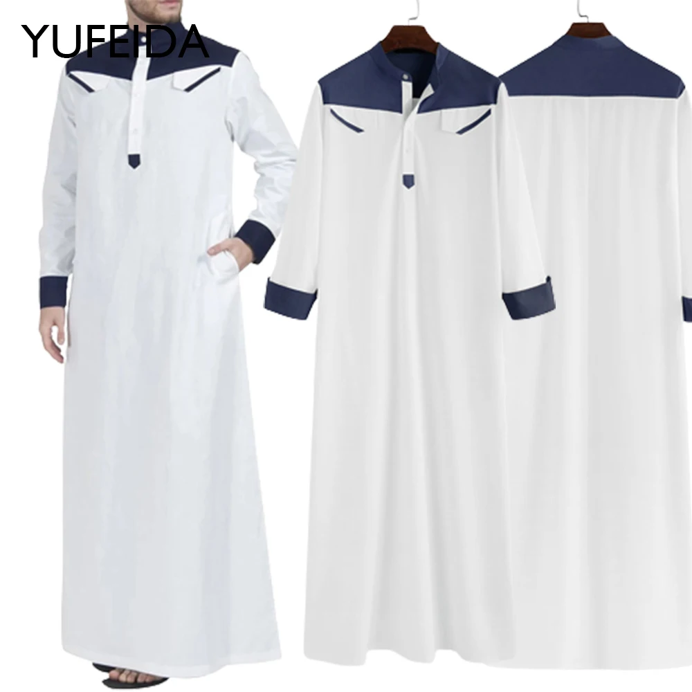 YUFEIDA Comfortable Men Caftan Long Muslim Thobe Long Sleeve Contrast Color Muslim Men's Clothing Mandarin Neck Middle East Robe