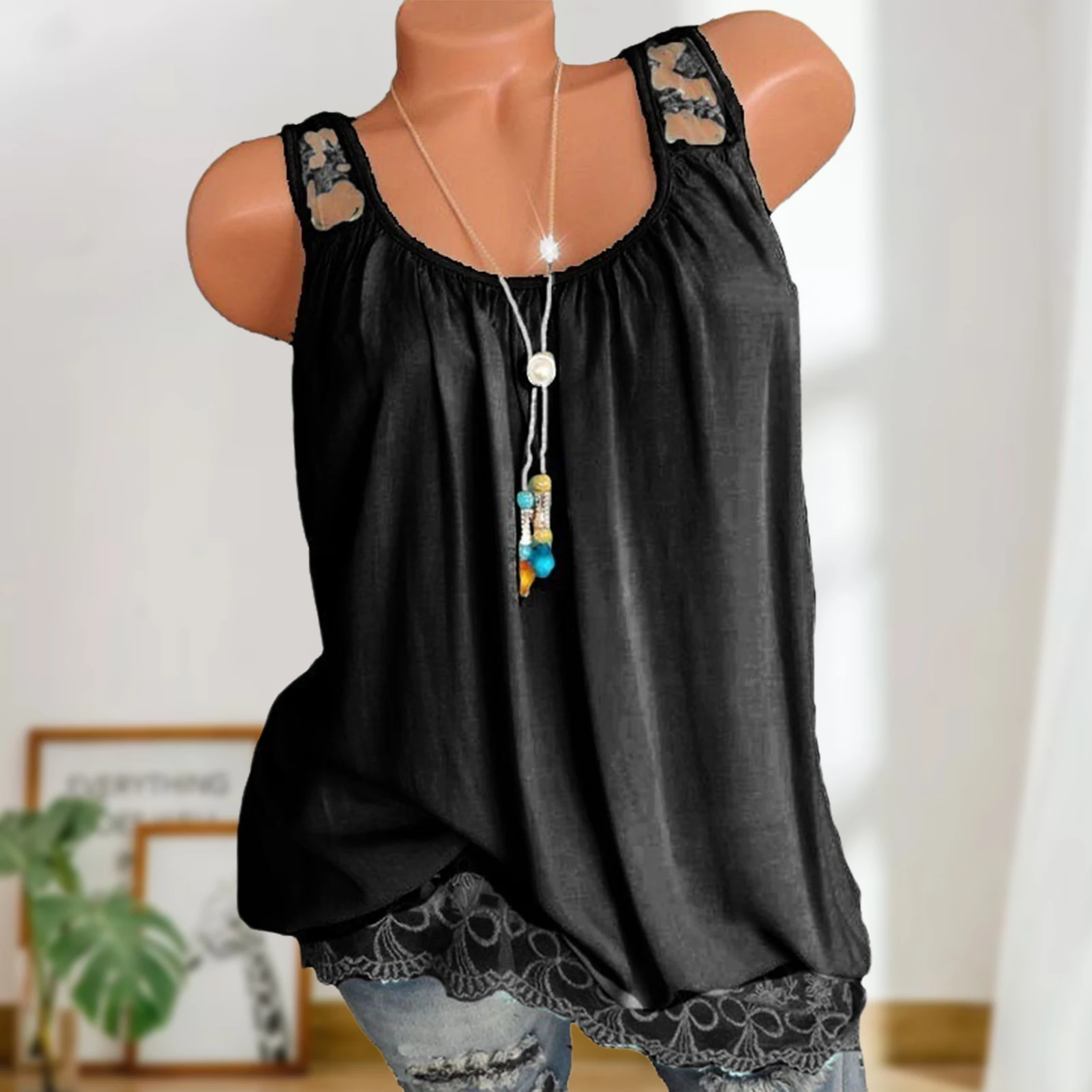 

Элегантный стиль, женская летняя рубашка, топ с кружевным подолом, женский сексуальный топ на бретельках, однотонный жилет, рубашка с круглым вырезом, свободная клубная рубашка Y2K