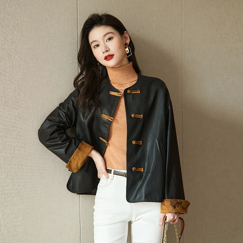 

Chinoiserie 2023 autumn Fashion New Leather Garment Women's Short Sheepskin Single Leather Coat,ladies' leather jackets