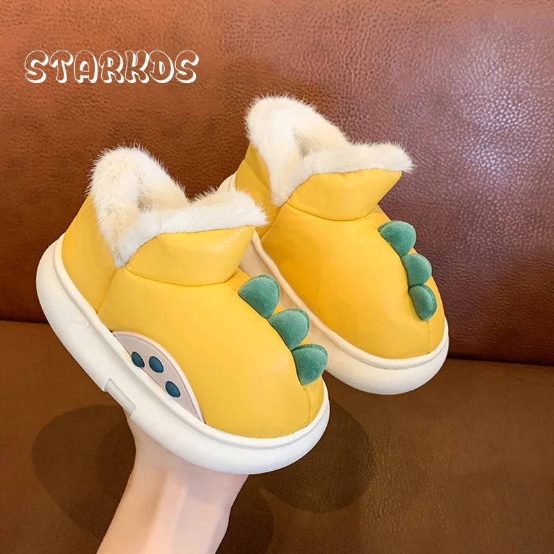 Leatherette Snow Boots Kids Cute Cartoon Dinosaur Shoes Boys Winter Warm Fur Loafers Thick Eva Sole Outdoor  High Cut Slippers