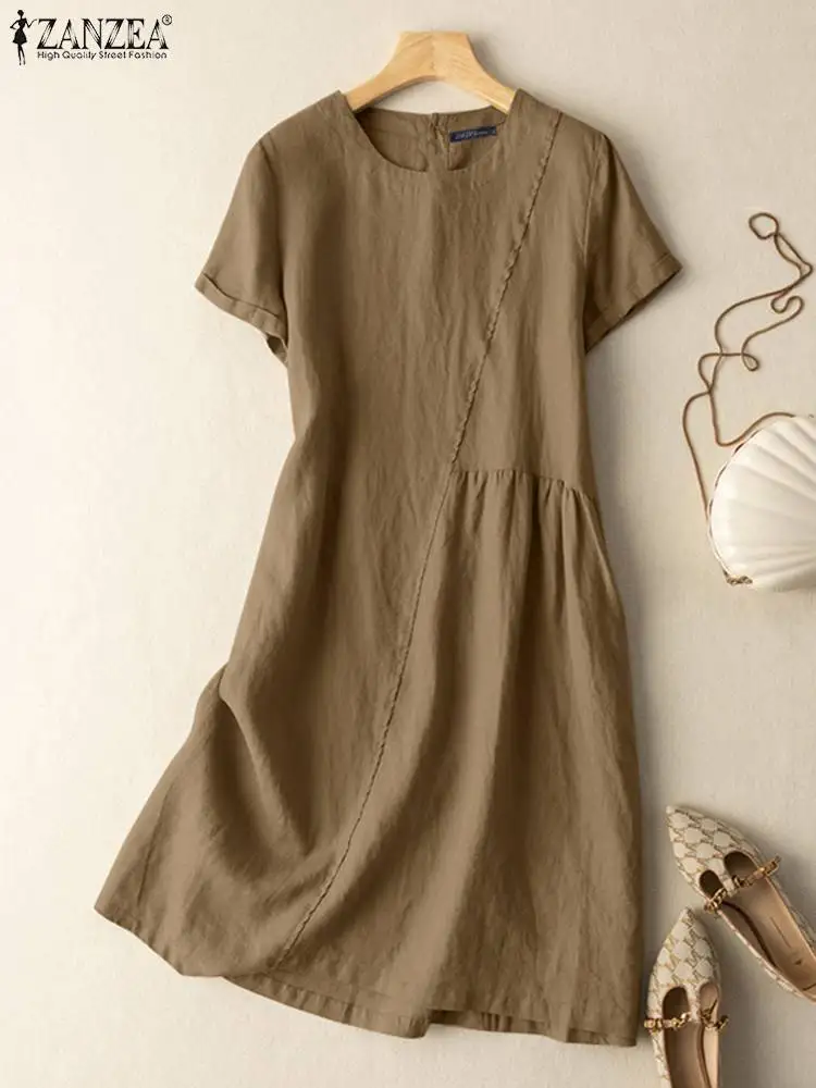 

ZANZEA O-Neck Solid Color Ankle Length Short Sleeve Sundress Women Summer Holiday Dress Fashion Casual Beach Oversized Dresses