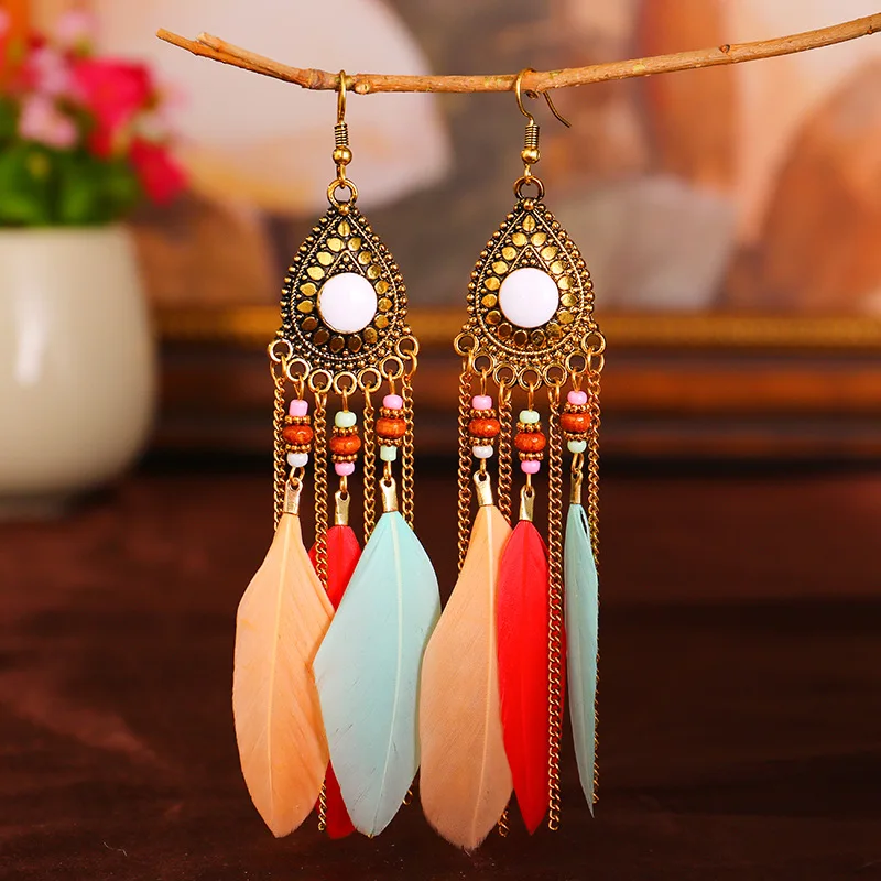 

Court Style Women's Feather Earring Bohemian Retro Long Drop Shaped Oil Drip Rice Bead Earrings Resort Style Earrings Jewelry