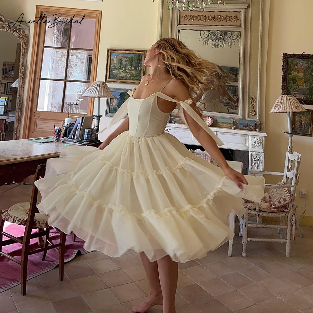 

Arietta Pastel Yellow Ruffles Organza Midi Prom Dresses Strapless Bow Straps Tiered Tea-Length A-Line Evening Party Gowns