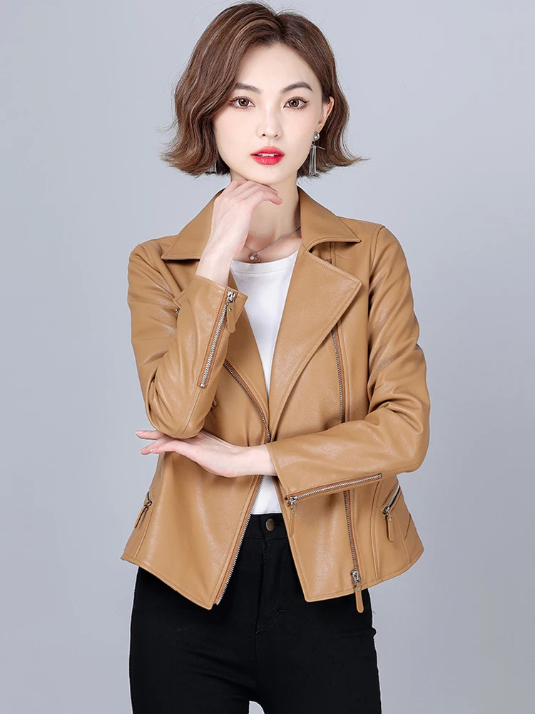 New Women Moto Leather Jacket Fashion Classic Suit Collar Slim Biker Coat Split Leather Outerwear Sheepskin Tops Coat Female
