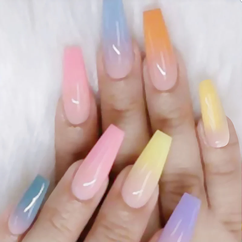 

20pcs Rainbow Gradient Candy Color Trapezoidal Fake Nails Super Long Ballet Wearable Lovely Finished Product Nails EF