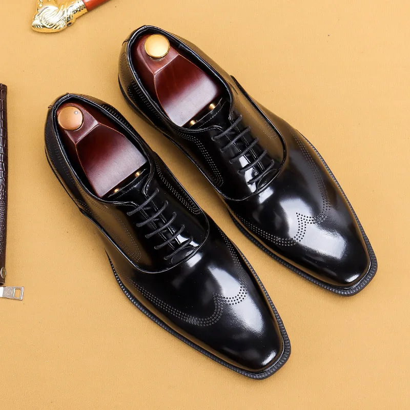 

Black Wine Red Business Dress Shoes Men Genuine Leather Brogue Formal Shoes Wedding Office Shoes Fashion Oxfords Patent Leather