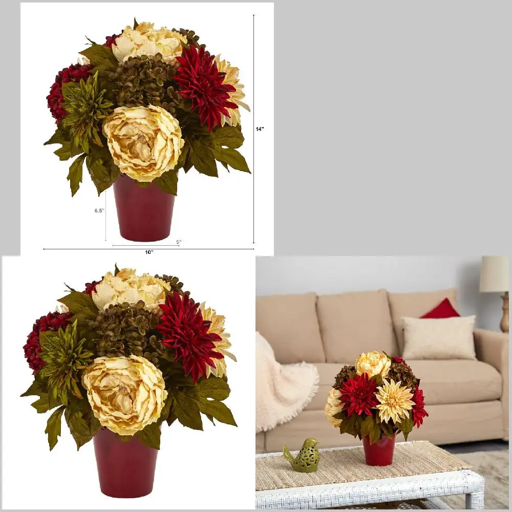 

Elegant Burgundy Vase with 14 Artificial Peony, Hydrangea and Dahlia Flower Arrangement