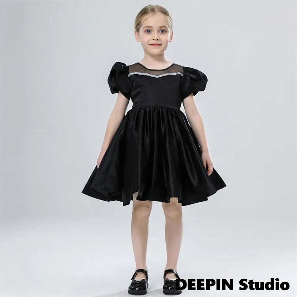 

Girls Party Dresses 2022 New Kids Summer Short Sleeve Satin Beading Ball Gowns Teenagers Birthday Wedding Party Show Cute Dress