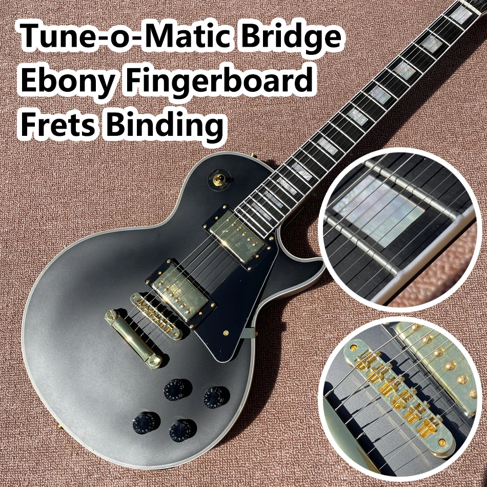 

Custom LP Electric Guitar, Ebony Fingerboard, Tune-o-Matic Bridge, Frets Binding, Gold Hardware, Matte Black, Free Shipping
