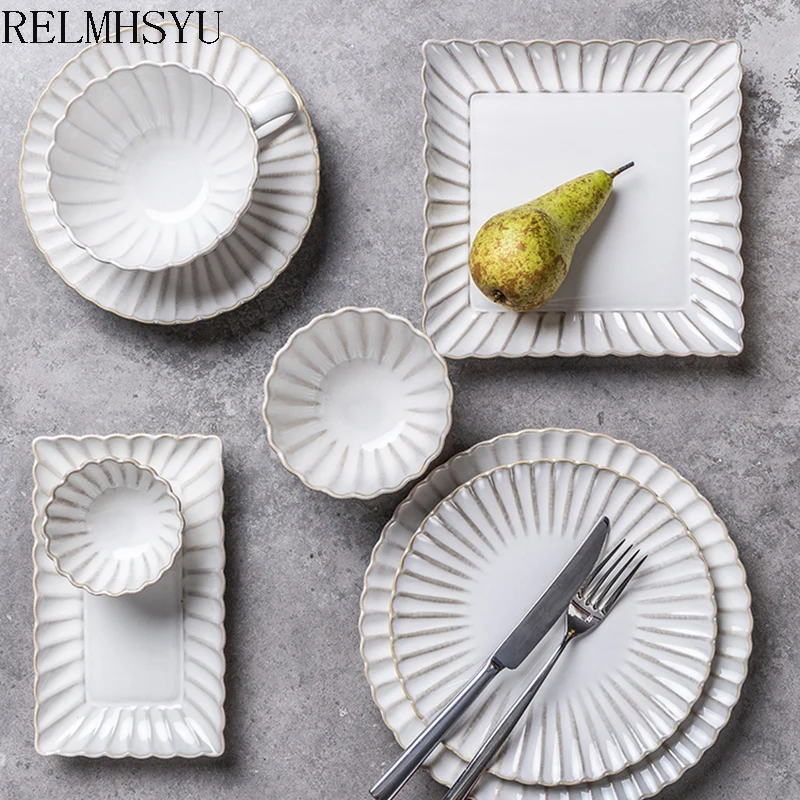 

1PC Japanese Style Ceramic Simple Round Steak Dessert Food Plate Dishes Rice Noodle Bowl Household Dinnerware Sets