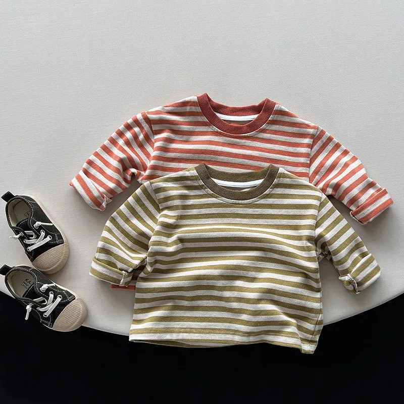 

2022 Autumn Winter New Kid Striped Loose Long Sleeve T-shirt Girl Baby Casual Bottoming Shirt Children Boy Fashion Cotton Tops